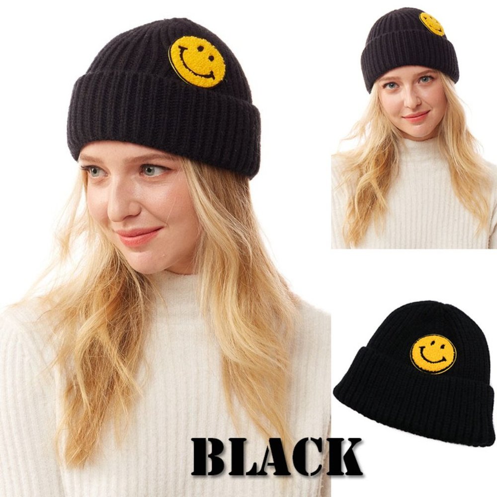 NEW Smile Smiley Happy Face Patch Cozy Soft Rib Knit Beanie Hat Ivory Black Gray - Picture 9 of 14